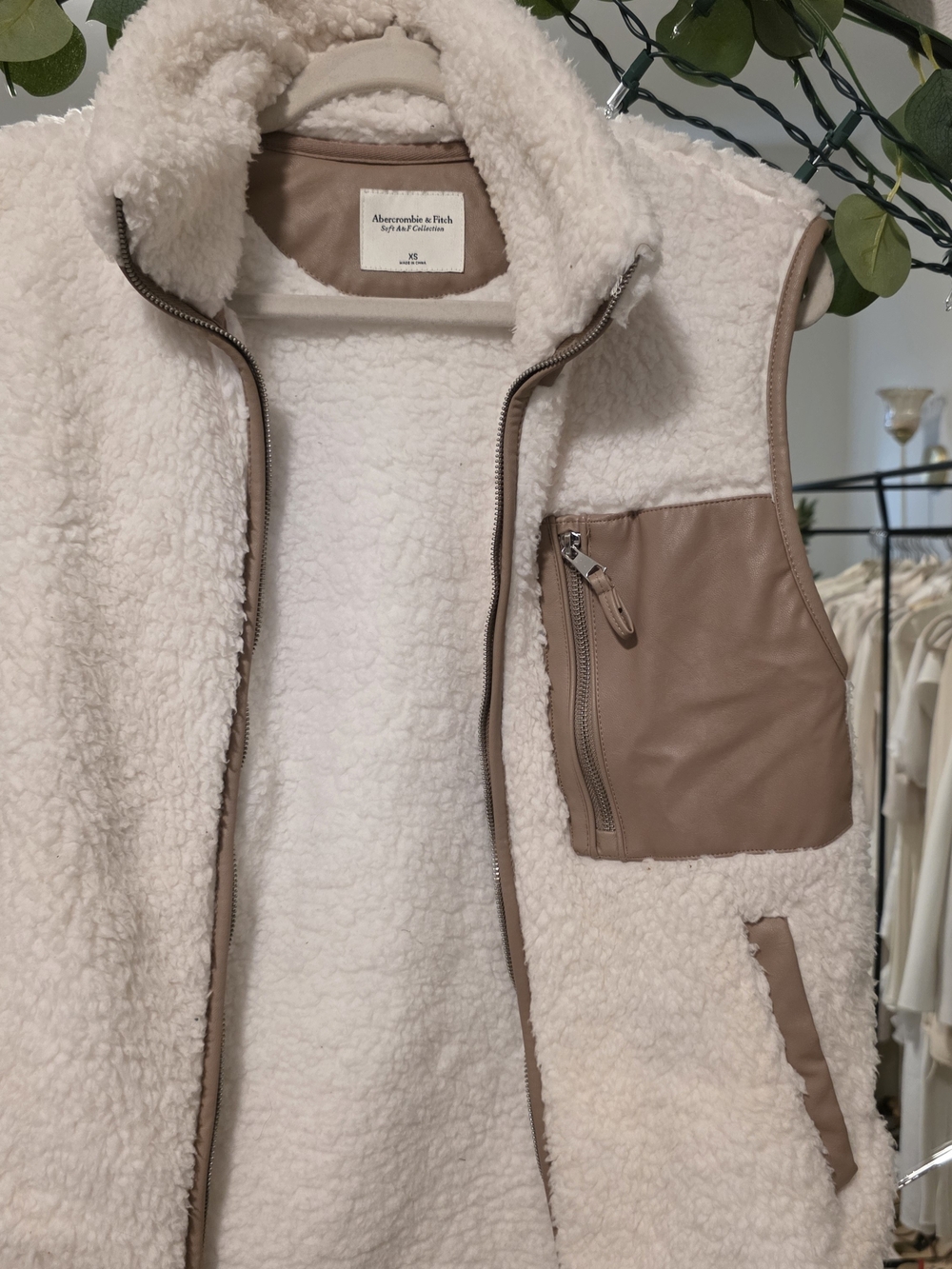 Abercrombie & Fitch Cream Sherpa Vest with Taupe Trim